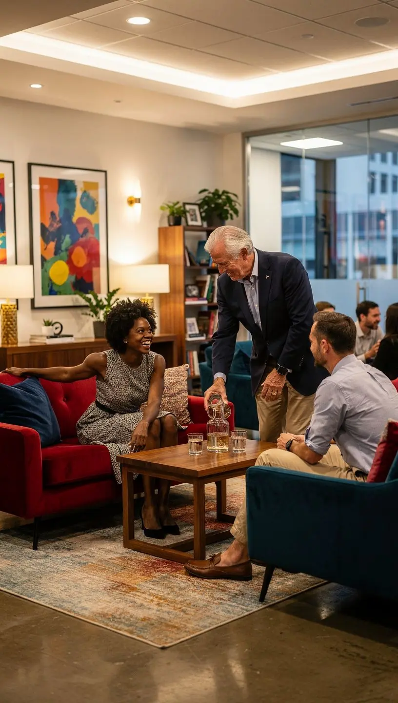 Przestrzeń do pracy z ergonomicznymi biurkami i strefą relaksu.