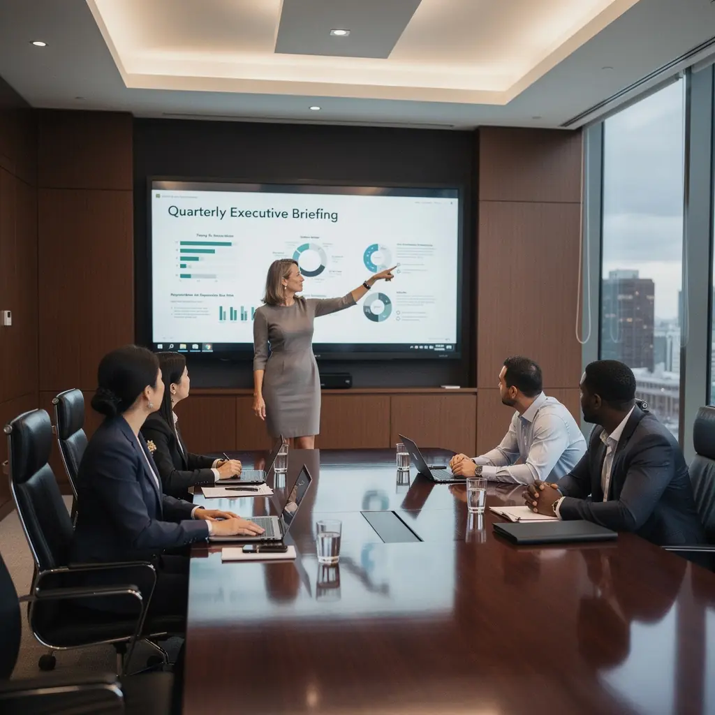 Strefa spotkań z wygodnymi fotelami i dużym stołem konferencyjnym.