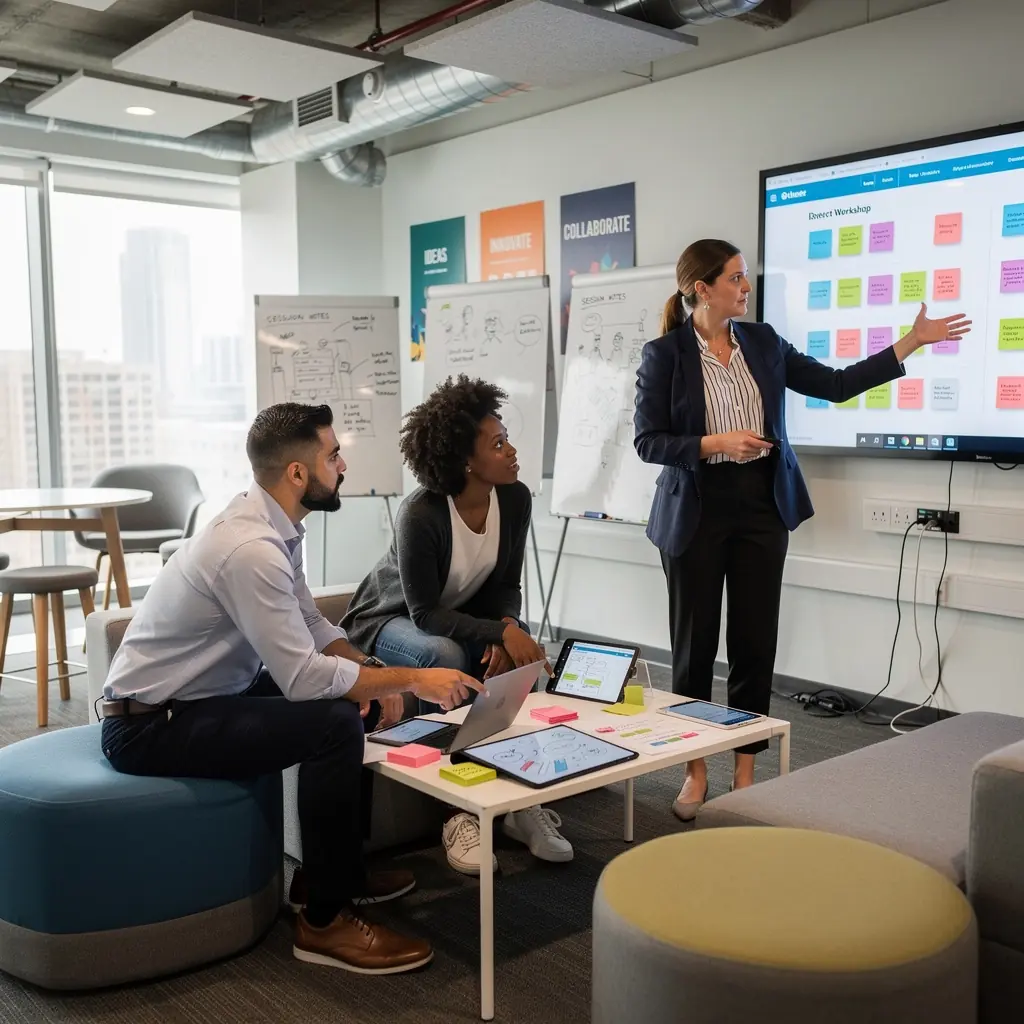 Przejrzysta aranżacja biura z łatwym dostępem do różnych pomieszczeń.